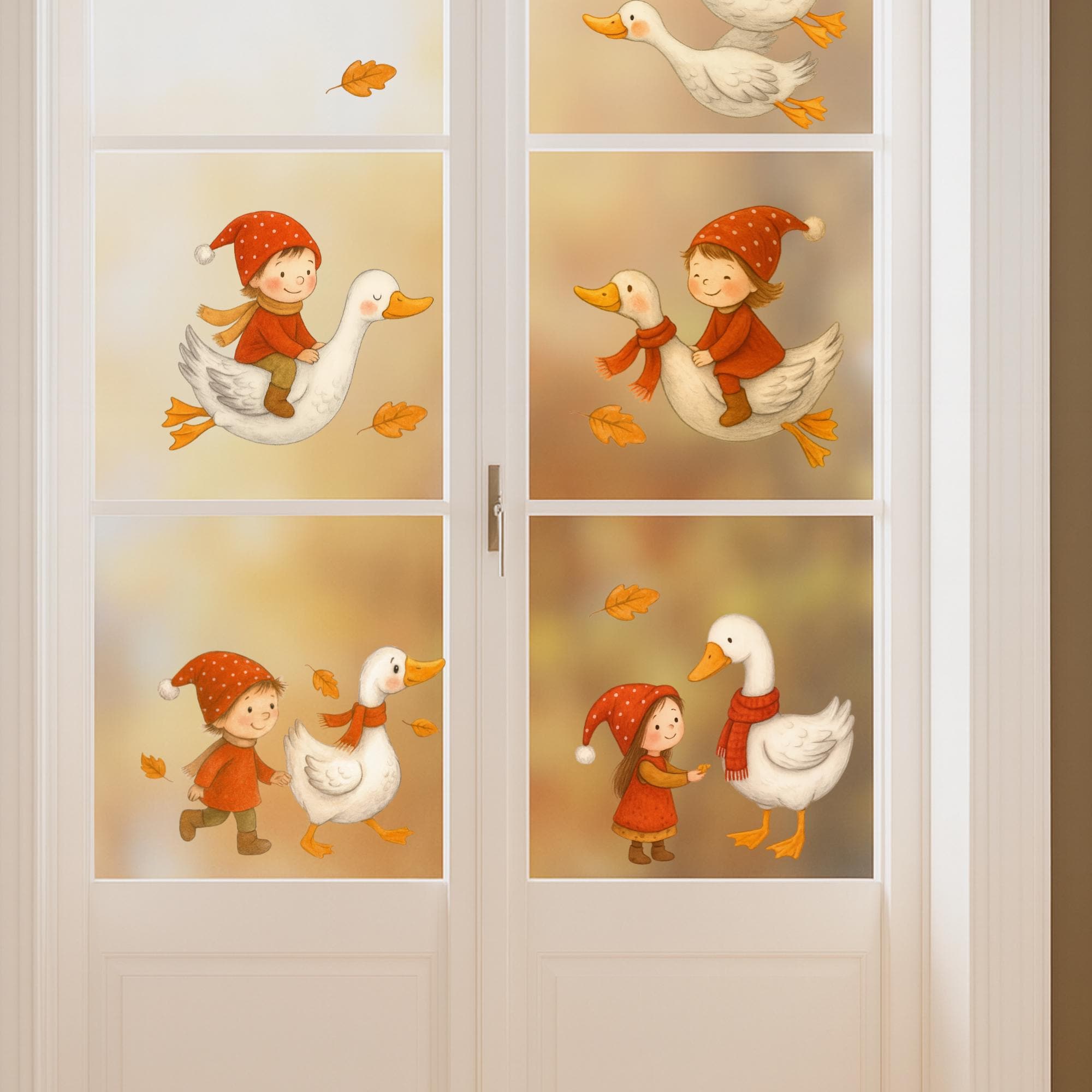 Fensterbild Herbst Wichtel & Gänse – statisch haftend und wiederverwendbar – Herbstdeko Fenster, Spiegel und Türen mit Herbstlaub –