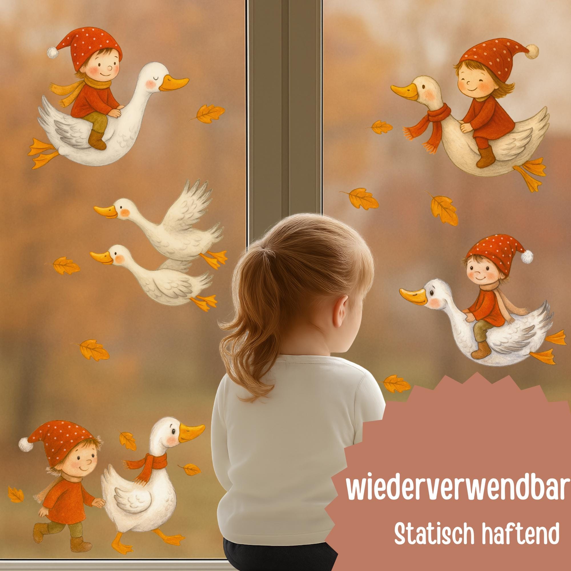 Fensterbild Herbst Wichtel & Gänse – statisch haftend und wiederverwendbar – Herbstdeko Fenster, Spiegel und Türen mit Herbstlaub –