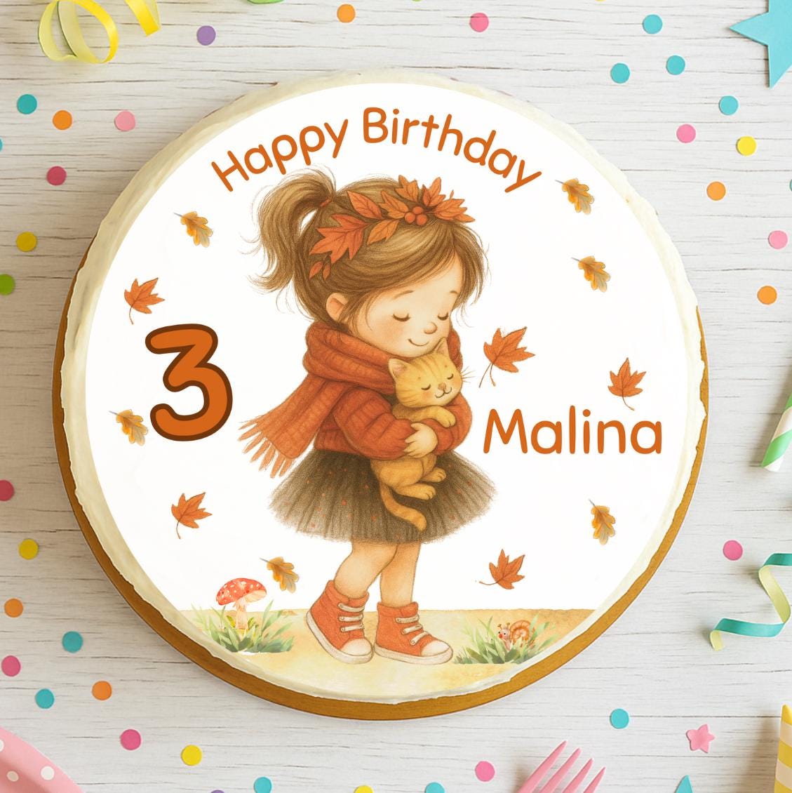 Personalisierter Tortenaufleger mit Katze im Herbst – Zuckerbild Mädchen mit Name & Zahl – Ø 20 cm für Kindergeburtstag – Party Decor