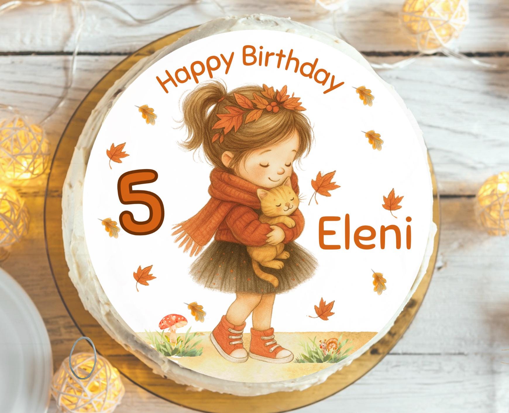 Personalisierter Tortenaufleger mit Katze im Herbst – Zuckerbild Mädchen mit Name & Zahl – Ø 20 cm für Kindergeburtstag – Party Decor
