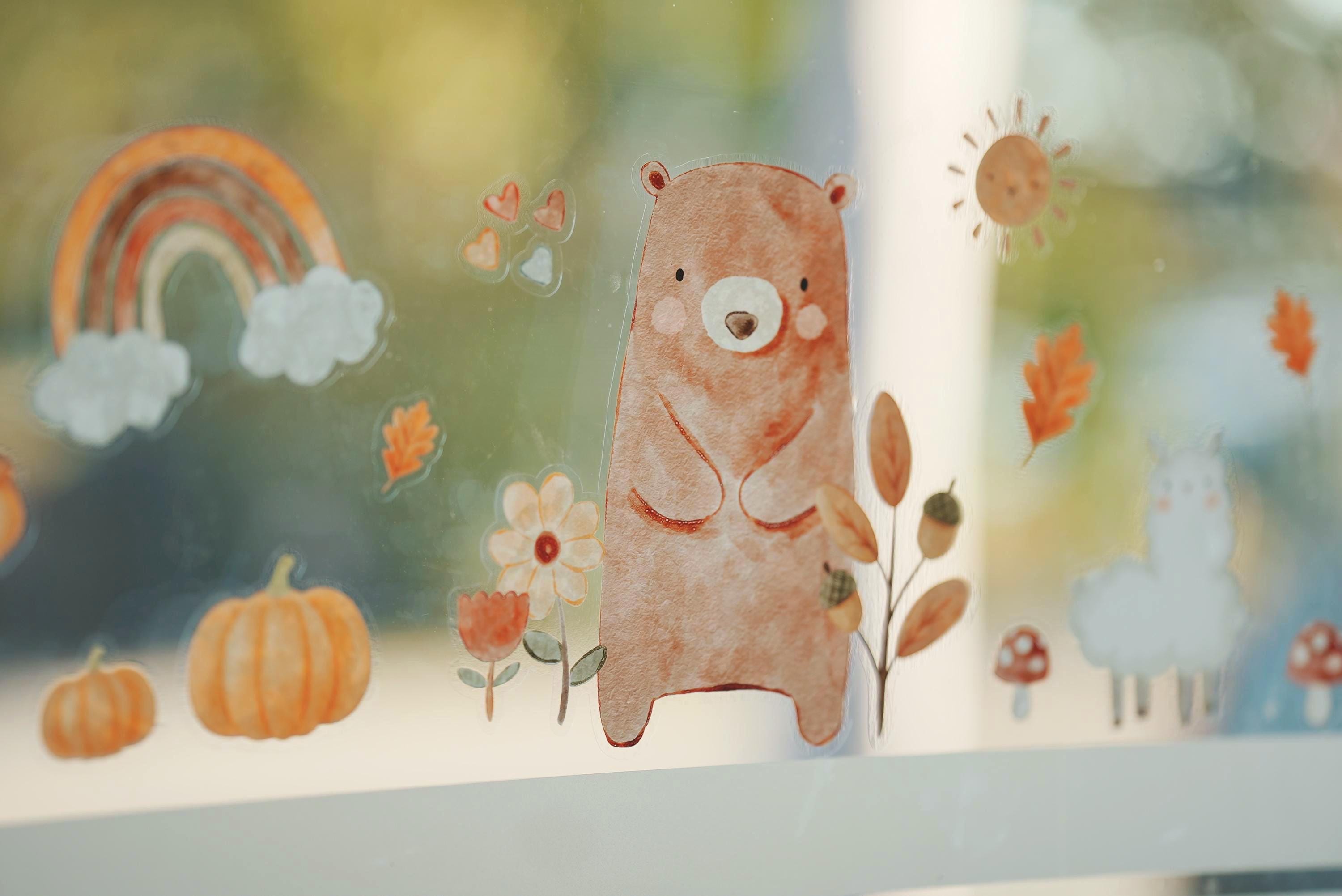 Fensterbilder Herbst – Bär, Regenbogen und Kürbis – statisch haftend & wiederverwendbar, Herbstdeko Fenster –
