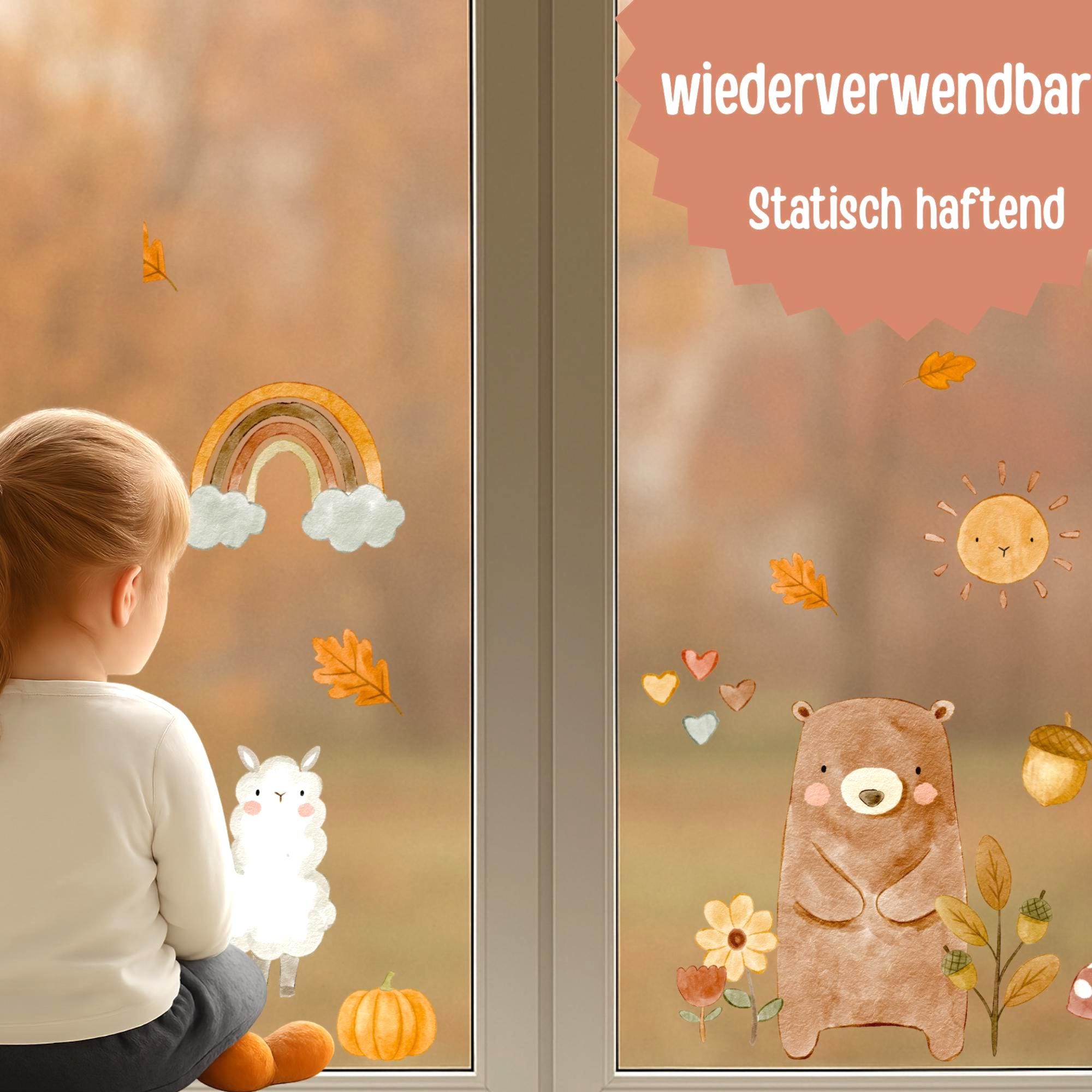 Fensterbilder Herbst – Bär, Regenbogen und Kürbis – statisch haftend & wiederverwendbar, Herbstdeko Fenster –