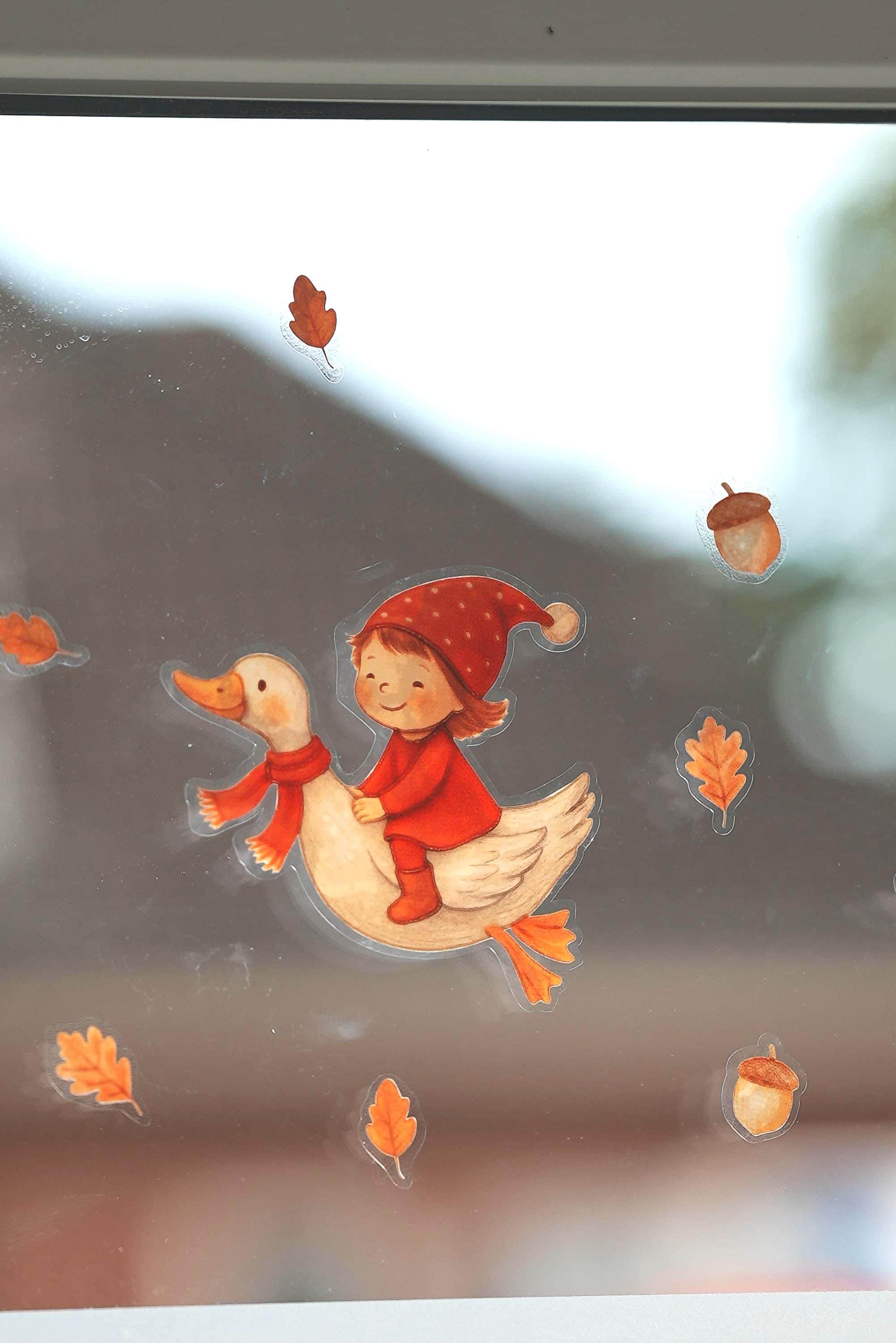 Fensterbild Wichtel mit Gänsen – Herbst Fensterbilder Waldtiere – wiederverwendbare Fenstersticker Kinderzimmer – Herbstdeko Fenster –