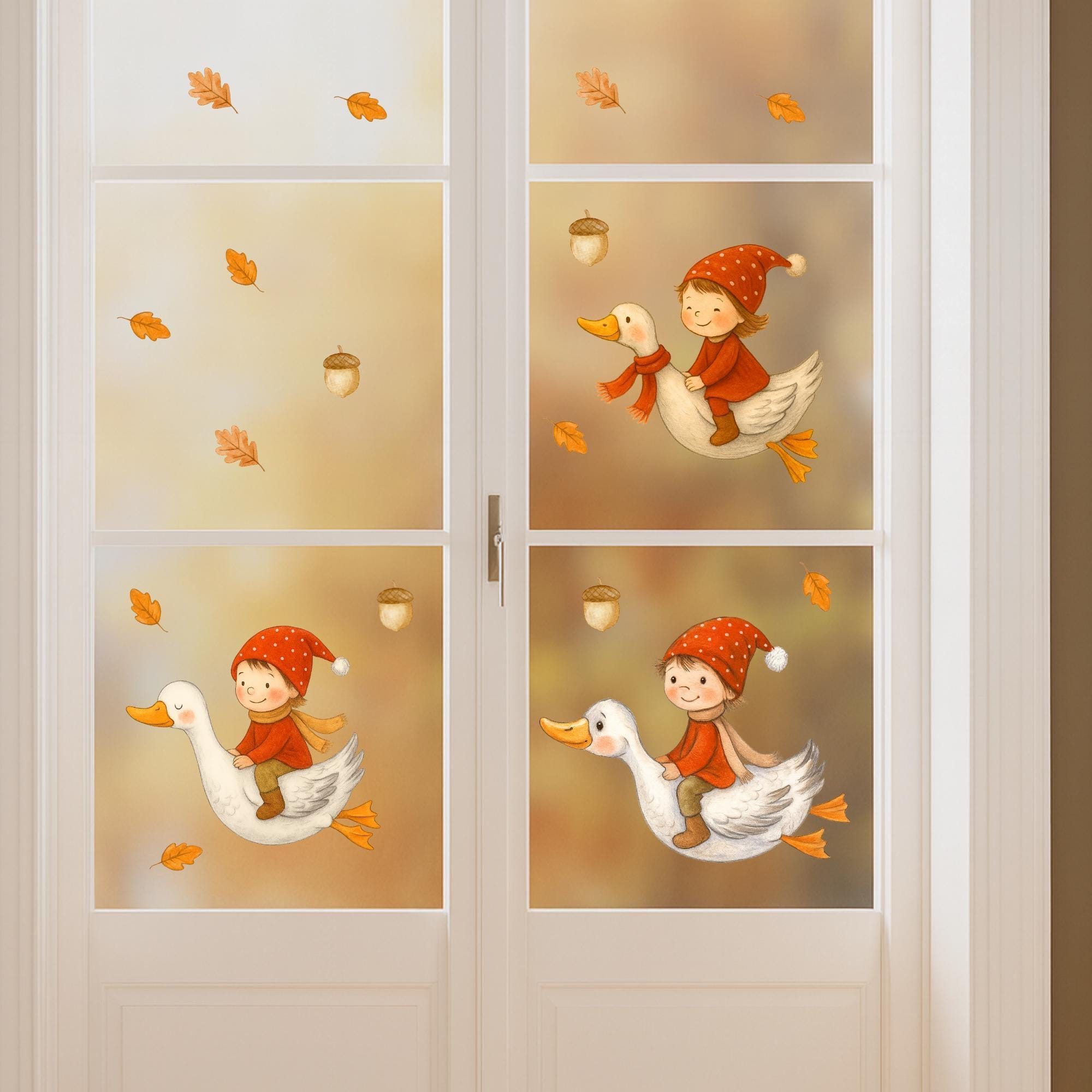 Fensterbild Wichtel mit Gänsen – Herbst Fensterbilder Waldtiere – wiederverwendbare Fenstersticker Kinderzimmer – Herbstdeko Fenster –