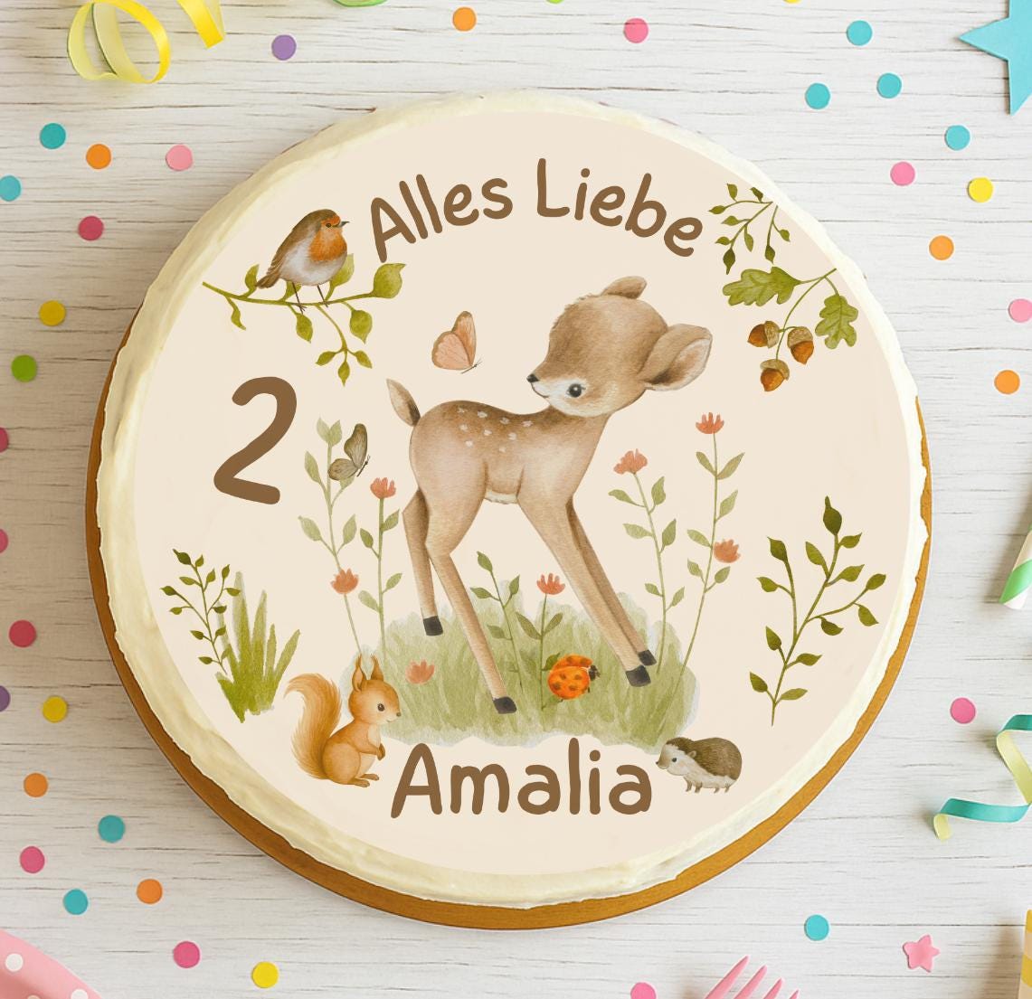 Tortenaufleger Reh Waldtiere – personalisiert mit Name & Zahl – Zuckerbild Fondantbild für Kindergeburtstag – Party Decor