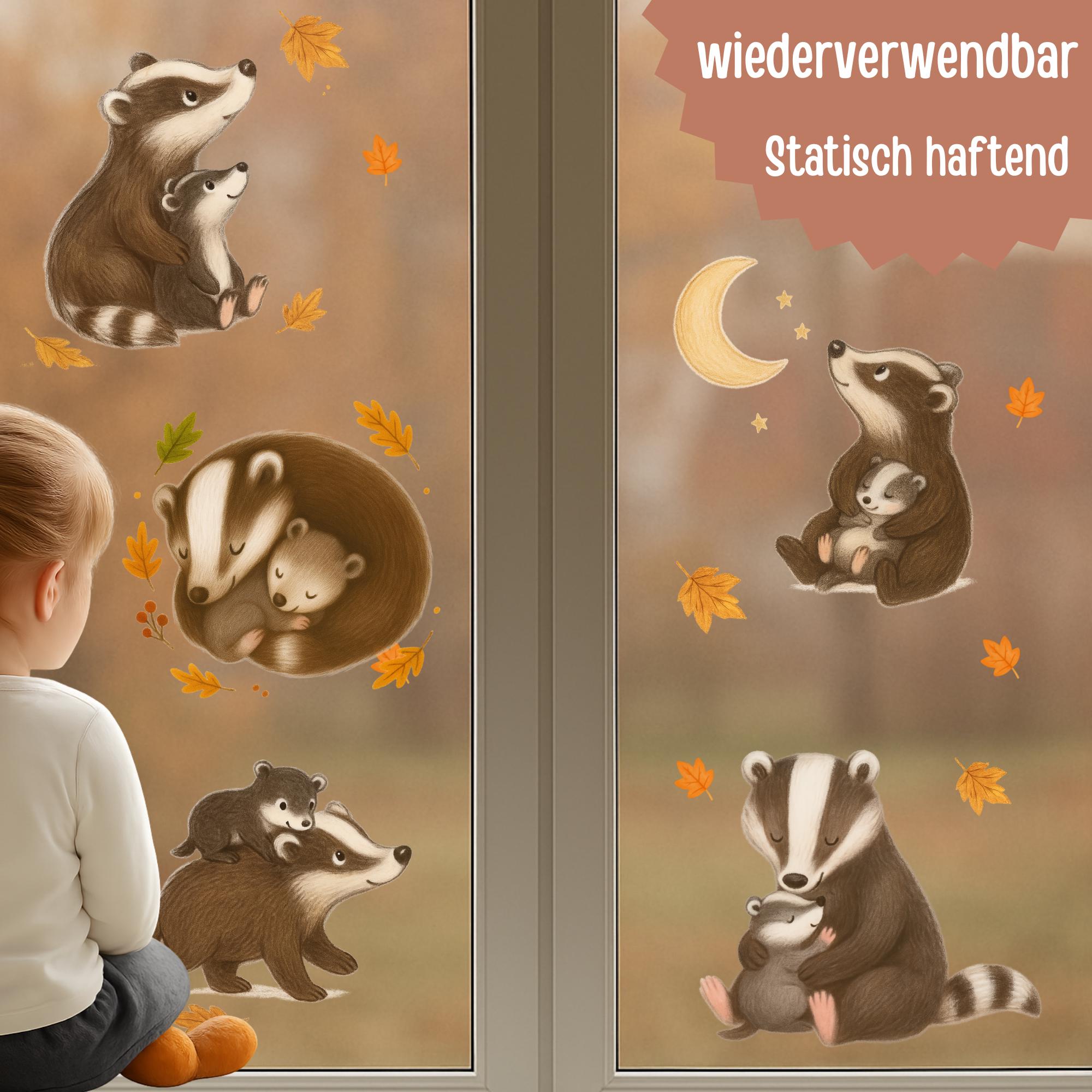 Fensterbilder Dachs & Waldtiere – statisch haftende Herbstdeko für Kinderzimmer – wiederverwendbare Fenstersticker Tiere –