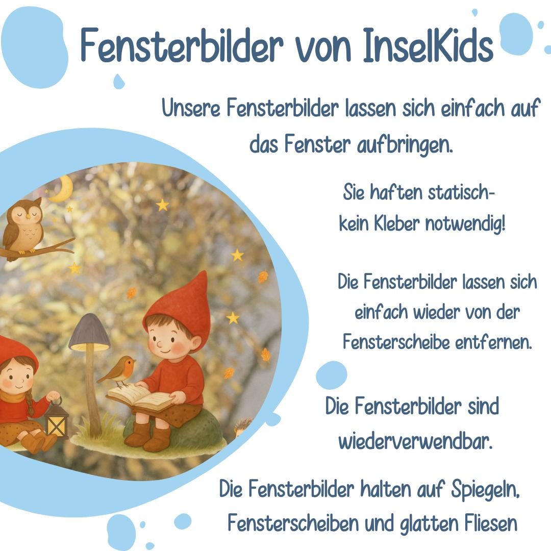 Fensterbilder Waldtiere & Wichtel – statisch haftende deko mit Eule und Igel – wiederverwendbare Fenstersticker –