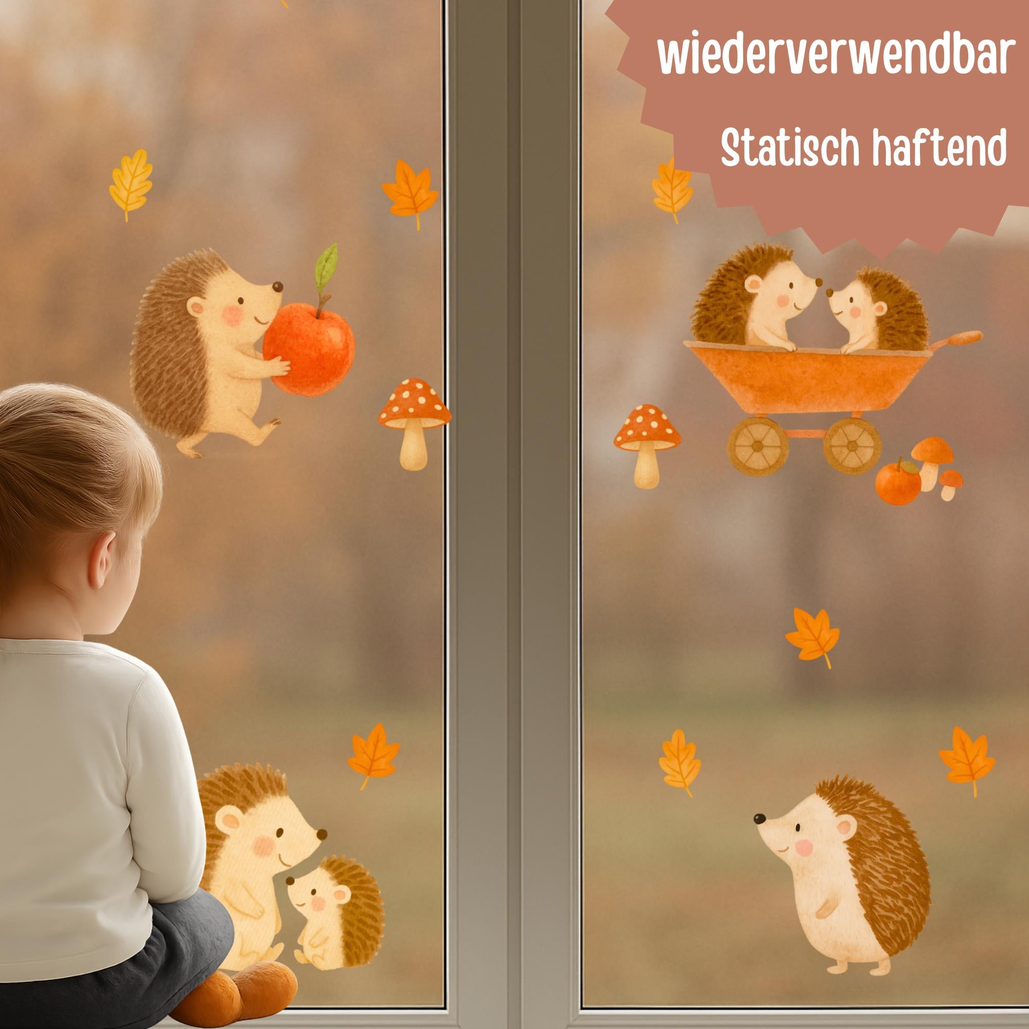 Fensterbild Igel Herbst – statisch haftende Fensterdeko wiederverwendbar – Waldtiere Herbstdeko Kinderzimmer –