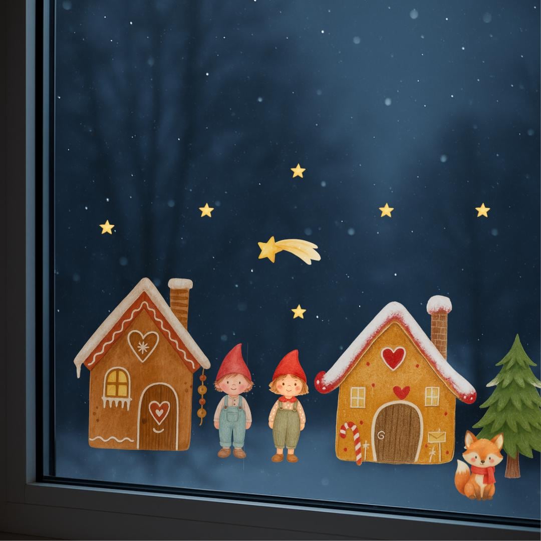 Fensterbilder Weihnachten – Wichtel, Lebkuchenhaus & Schneemann – statisch haftende Weihnachts Fensterdeko Winter und Advent –