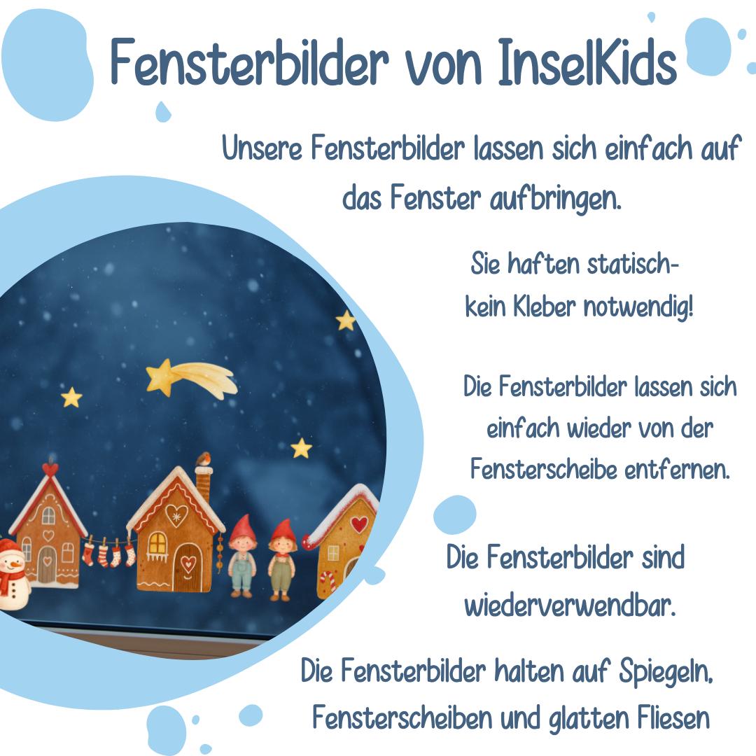 Fensterbilder Weihnachten – Wichtel, Lebkuchenhaus & Schneemann – statisch haftende Weihnachts Fensterdeko Winter und Advent –