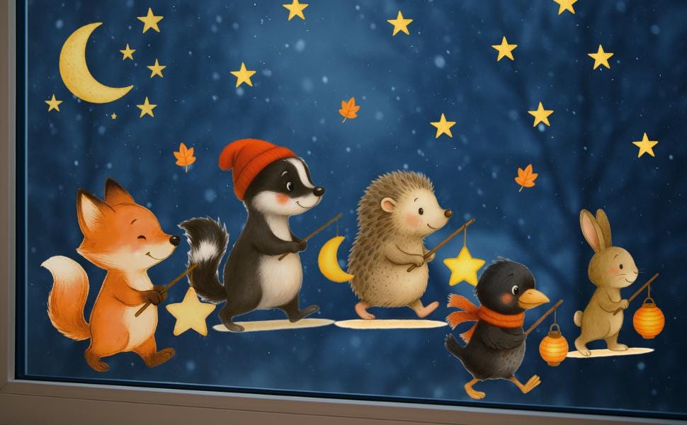 Fensterbilder Herbst Waldtiere – Laternenumzug Fuchs Hase Igel – statisch haftende Fensterdeko St. Martin & Laternenfest –