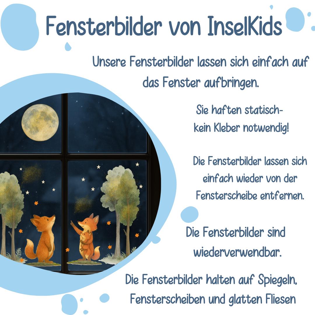 Fensterbilder Waldtiere – Füchse unter Mond & Sternen – statisch haftende Fensterdeko wiederverwendbar –