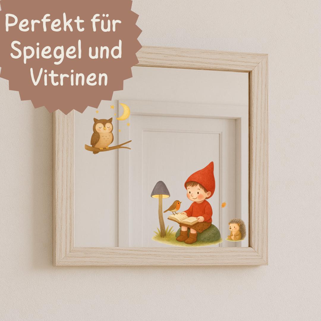 Fensterbilder Waldtiere & Wichtel – statisch haftende deko mit Eule und Igel – wiederverwendbare Fenstersticker –