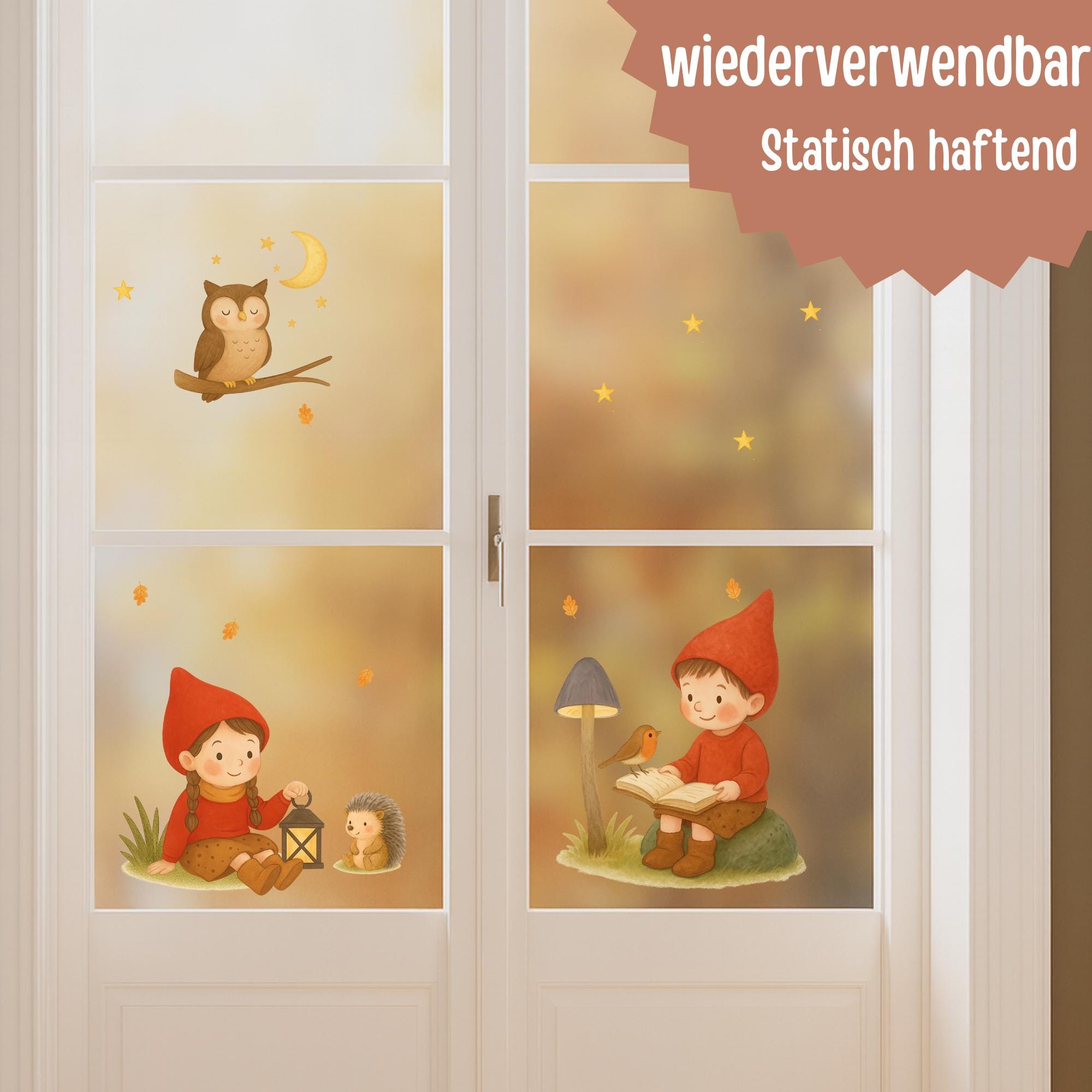 Fensterbilder Waldtiere & Wichtel – statisch haftende deko mit Eule und Igel – wiederverwendbare Fenstersticker –