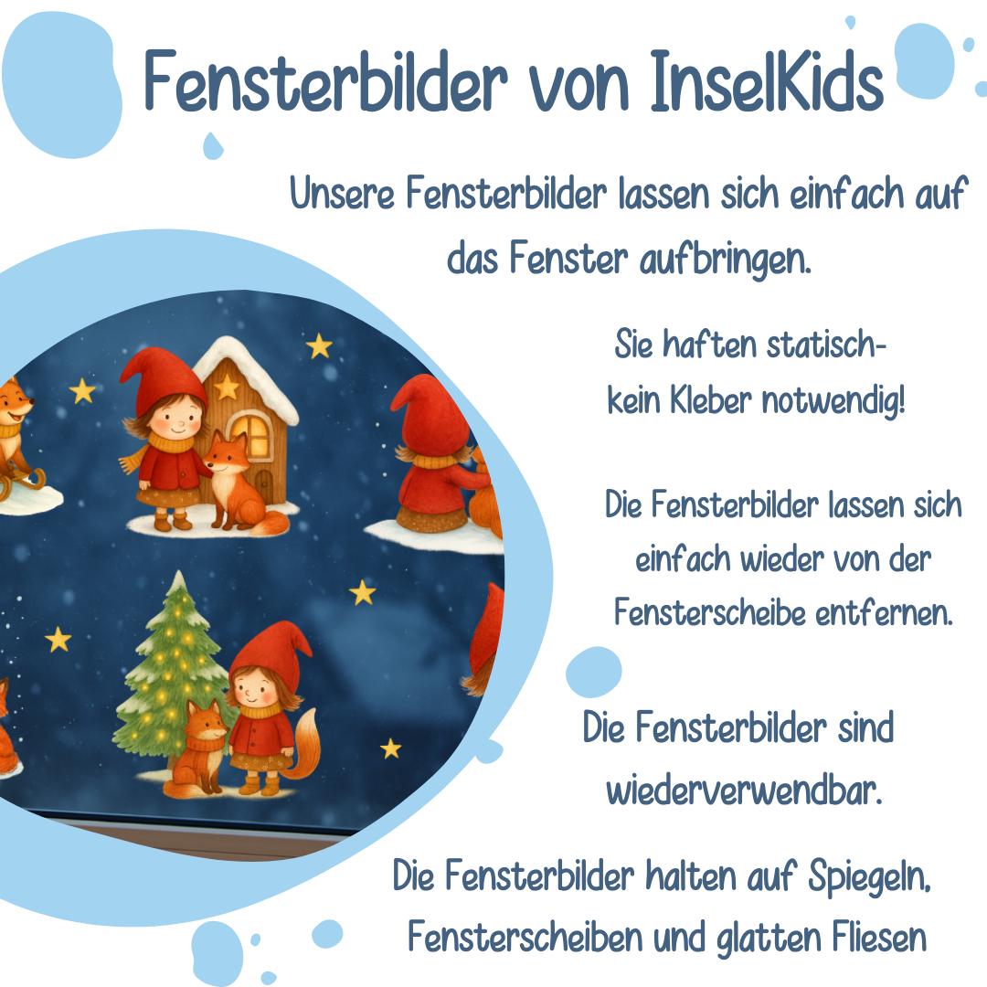 Weihnachtsdeko Fenster – Fensterbild Wichtel mit Fuchs & Tannenbaum – Advent Fenstersticker Sterne – Winter Fensterdeko wiederverwendbar –