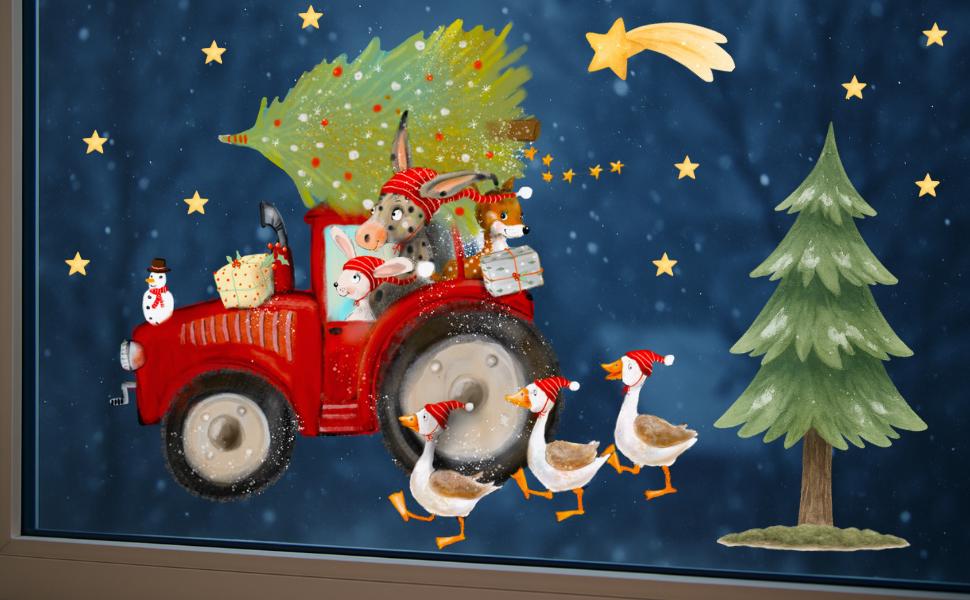 Fensterbild Weihnachten Traktor – Bauernhof Tiere mit Tannenbaum & Geschenken – Weihnachtsdeko Fenstersticker wiederverwendbar –