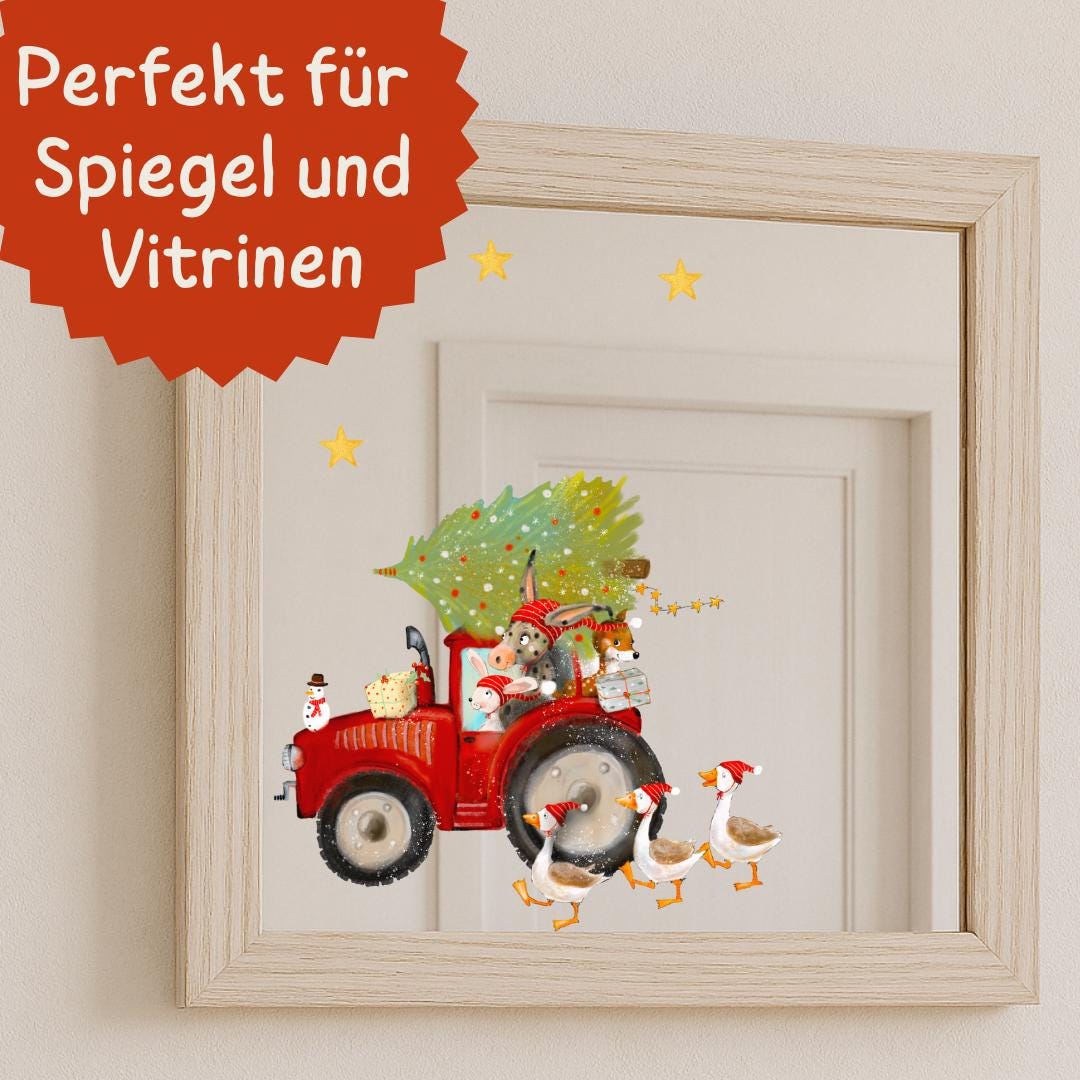 Fensterbild Weihnachten Traktor – Bauernhof Tiere mit Tannenbaum & Geschenken – Weihnachtsdeko Fenstersticker wiederverwendbar –