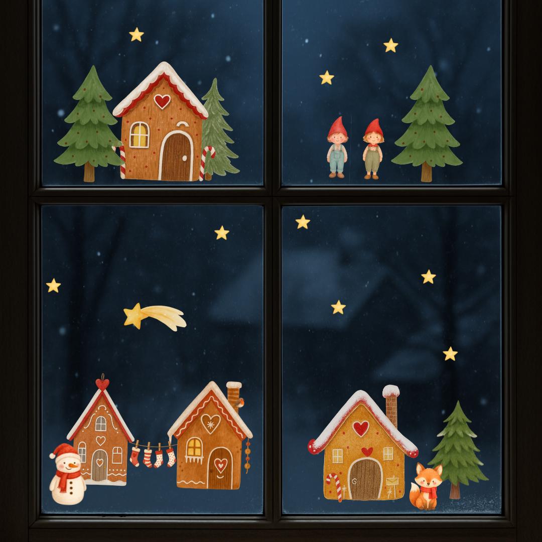 Fensterbilder Weihnachten – Wichtel, Lebkuchenhaus & Schneemann – statisch haftende Weihnachts Fensterdeko Winter und Advent –
