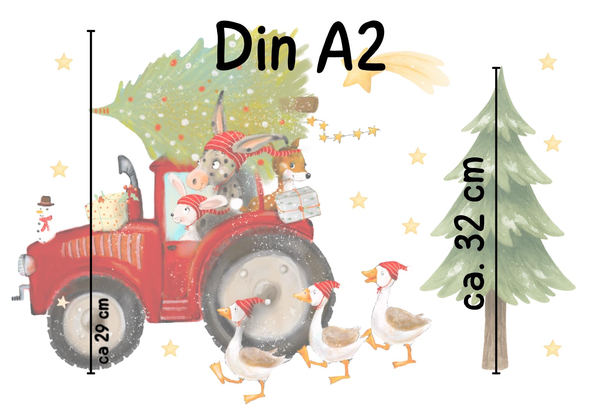 Fensterbild Weihnachten Traktor – Bauernhof Tiere mit Tannenbaum & Geschenken – Weihnachtsdeko Fenstersticker wiederverwendbar –
