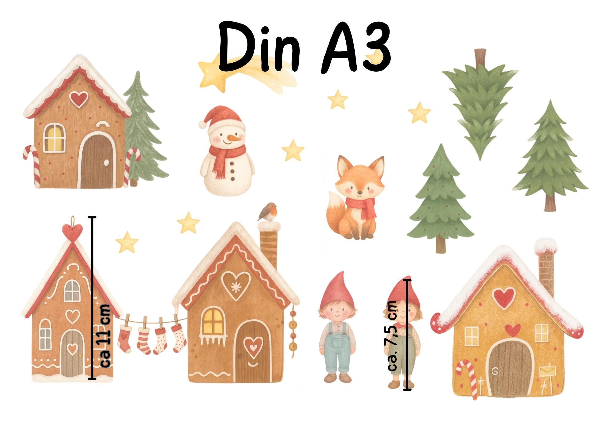 Fensterbilder Weihnachten – Wichtel, Lebkuchenhaus & Schneemann – statisch haftende Weihnachts Fensterdeko Winter und Advent –