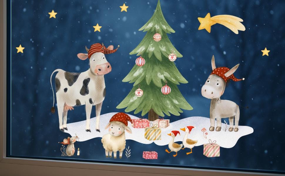 Fensterbild Weihnachten Bauernhoftiere – Kuh, Esel & Schaf mit Weihnachtsbaum – wiederverwendbare Weihnachtsdeko für Fenster und Advent –