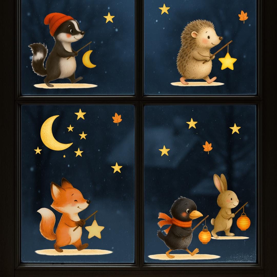 Fensterbilder Herbst Waldtiere – Laternenumzug Fuchs Hase Igel – statisch haftende Fensterdeko St. Martin & Laternenfest –