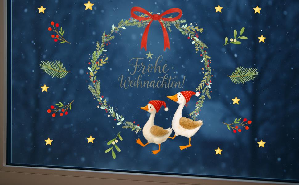 Fensterbild Weihnachten Kranz mit Gänsen – Frohe Weihnachten Motiv mit Sternen, Schleife und Zweigen – wiederverwendbare Weihnachtsdeko –