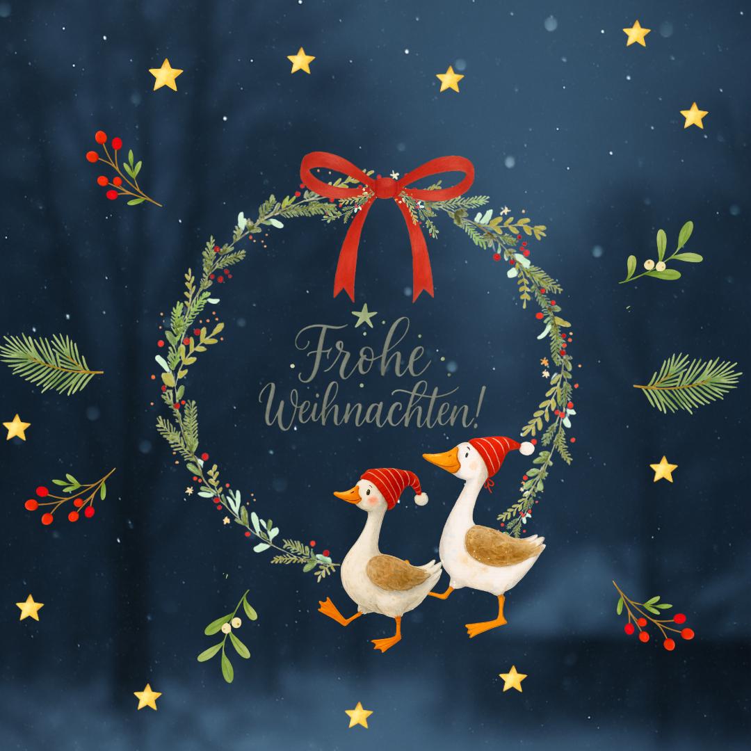 Fensterbild Weihnachten Kranz mit Gänsen – Frohe Weihnachten Motiv mit Sternen, Schleife und Zweigen – wiederverwendbare Weihnachtsdeko –