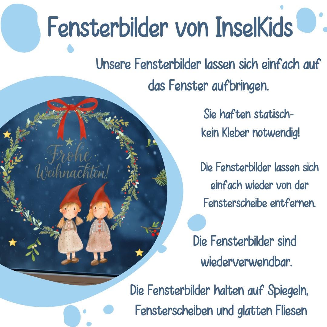 Fensterbild Weihnachten Wichtel – Weihnachtskranz mit Schriftzug „Frohe Weihnachten“ – Skandinavische Fensterdeko Winter Aquarell –