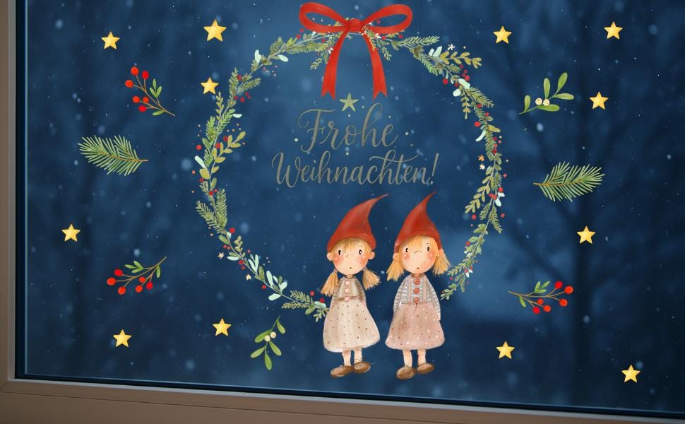 Fensterbild Weihnachten Wichtel – Weihnachtskranz mit Schriftzug „Frohe Weihnachten“ – Skandinavische Fensterdeko Winter Aquarell –