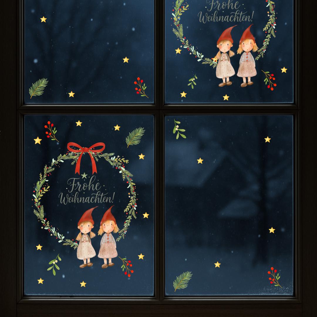 Fensterbild Weihnachten Wichtel – Weihnachtskranz mit Schriftzug „Frohe Weihnachten“ – Skandinavische Fensterdeko Winter Aquarell –