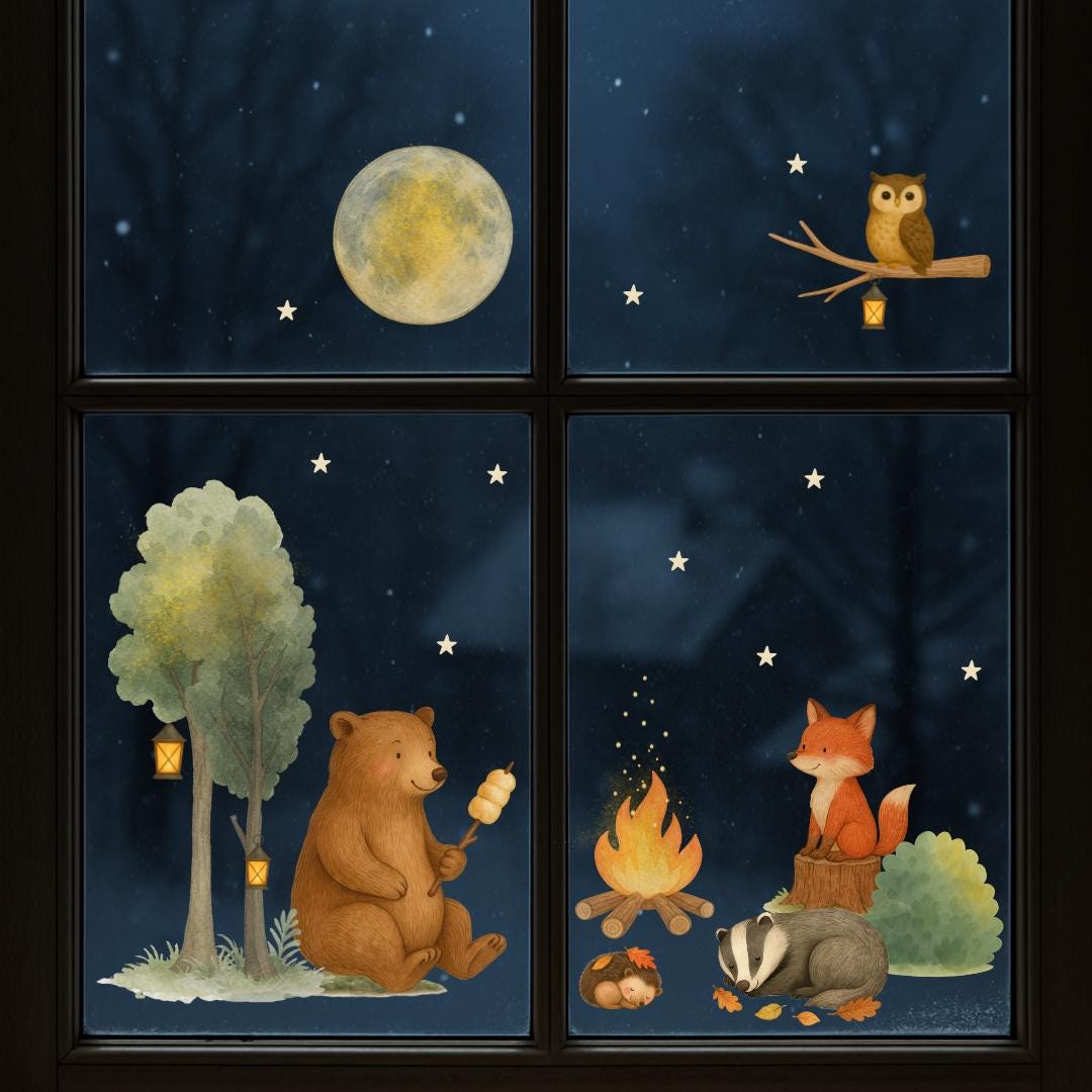 liche Fensterbilder - Waldtiere am Lagerfeuer mit Bär, Fuchs und Eule – Mond und Sterne – statisch haftend & wiederverwendbar –