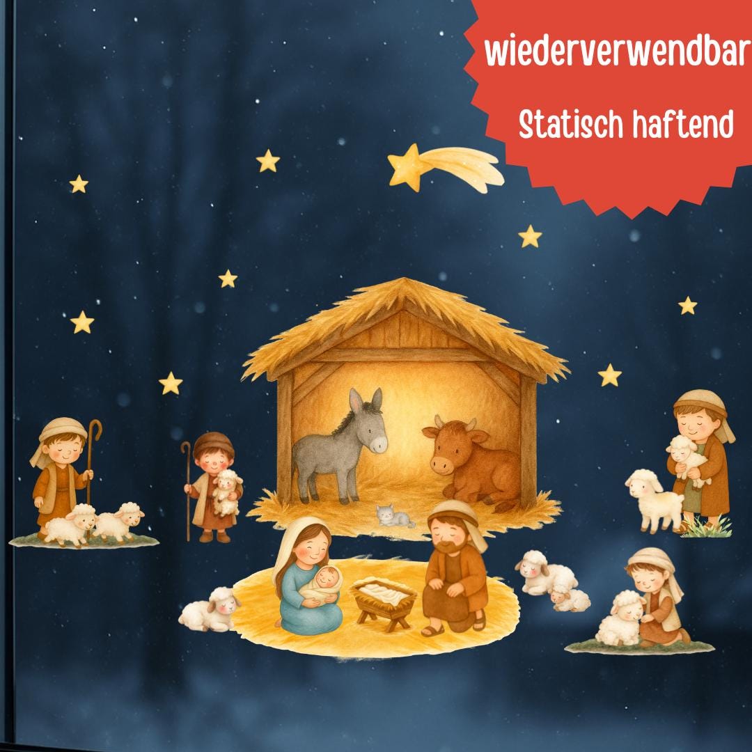 Fensterbild Weihnachten Krippe – Heilige Familie & Stall von Bethlehem – Weihnachtsdeko Fenster statisch haftend und wiederverwendbar –