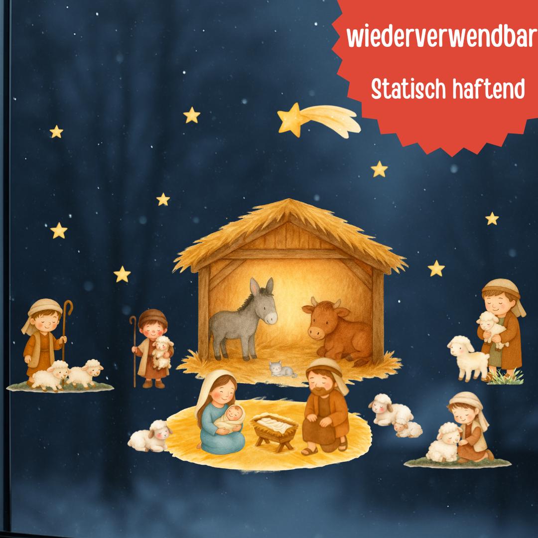 Fensterbild Weihnachten Krippe – Heilige Familie & Stall von Bethlehem – statisch haftend, wiederverwendbar und hochwertige Weihnachtsdeko –