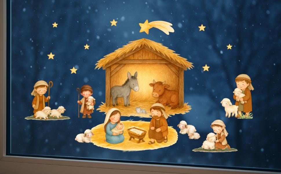 Fensterbild Weihnachten Krippe – Heilige Familie & Stall von Bethlehem – Weihnachtsdeko Fenster statisch haftend und wiederverwendbar –
