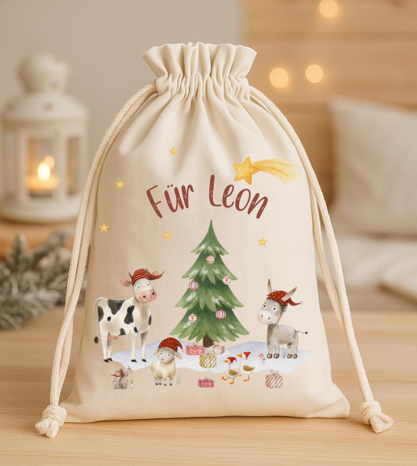 Geschenkbeutel Weihnachten personalisiert – Nikolaussack mit Name & Bauernhoftieren – Weihnachtsbeutel wiederverwendbar – Gift Wrapping