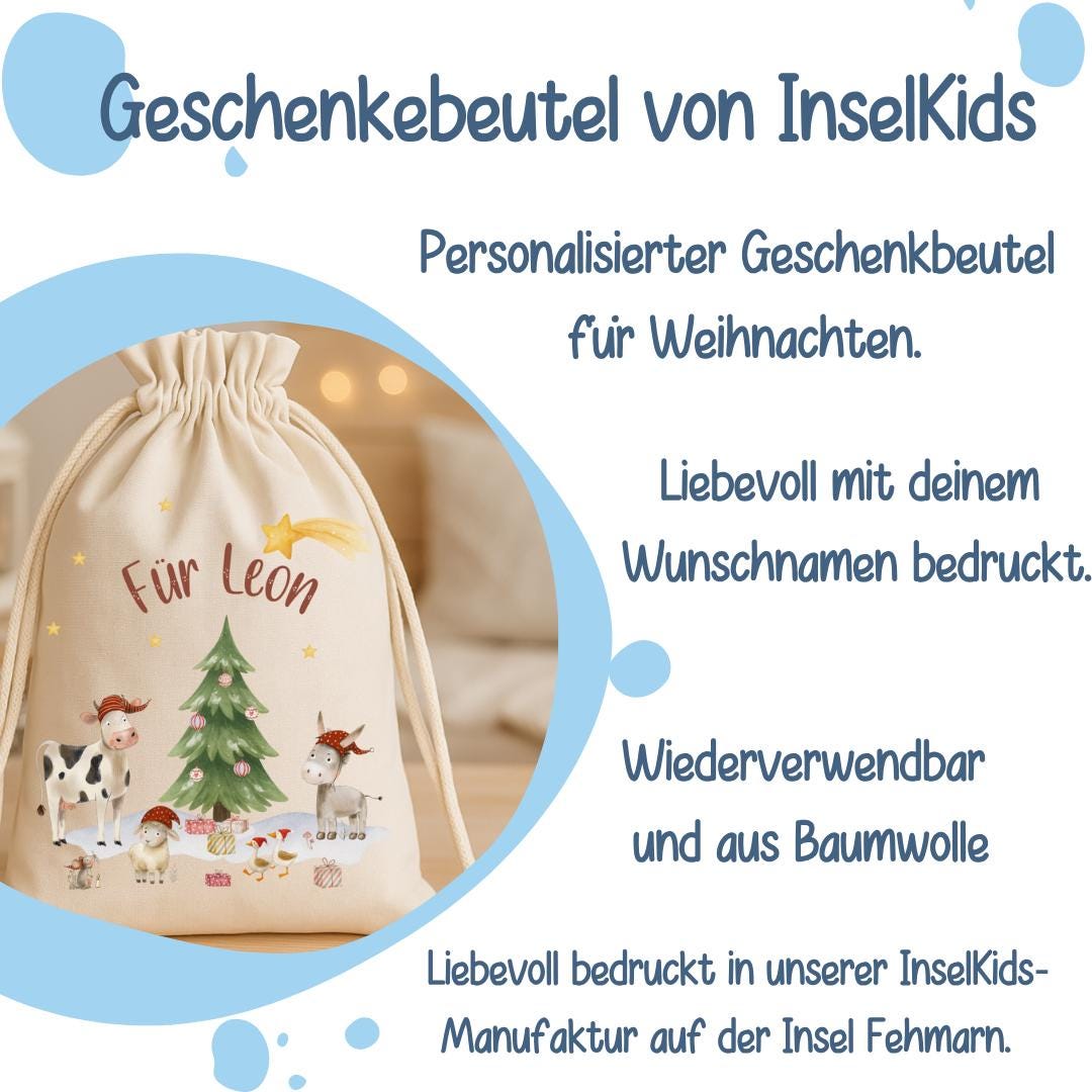 Geschenkbeutel Weihnachten personalisiert – Nikolaussack mit Name & Bauernhoftieren – Weihnachtsbeutel wiederverwendbar – Gift Wrapping