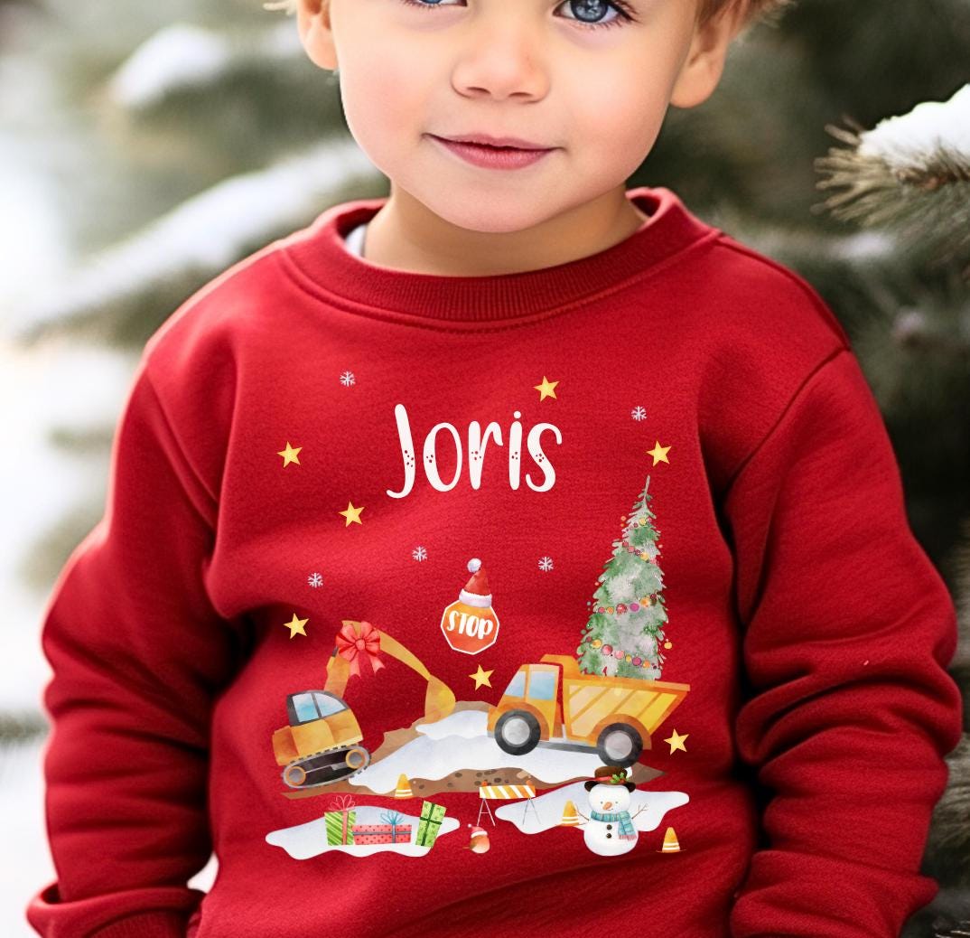 Bügelbild Weihnachten Bagger – personalisiert mit Name- Baustellen Motiv für Shirt & Pullover – Bügelmotiv A4 oder A5 – Patches