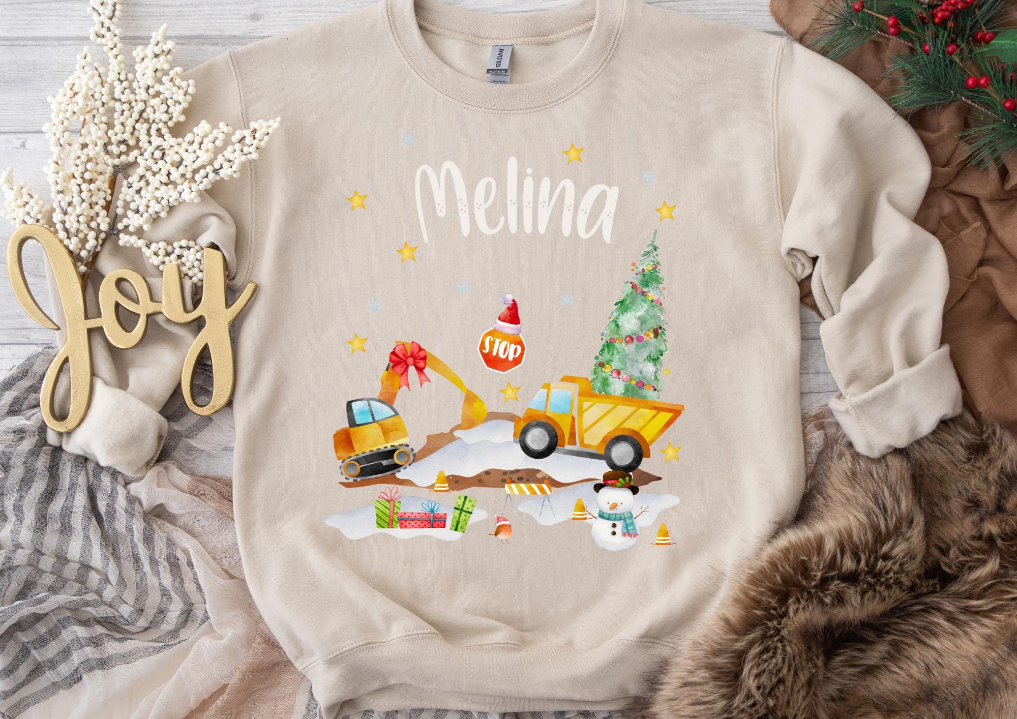 Bügelbild Weihnachten Bagger – personalisiert mit Name- Baustellen Motiv für Shirt & Pullover – Bügelmotiv A4 oder A5 – Patches