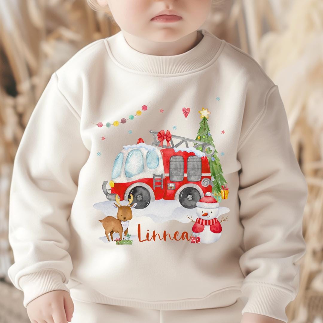 Bügelbild Weihnachten Feuerwehr - personalisiert mit Name – Feuerwehrauto Motiv für Shirt & Pullover – Weihnachts Bügelmotiv – Patches