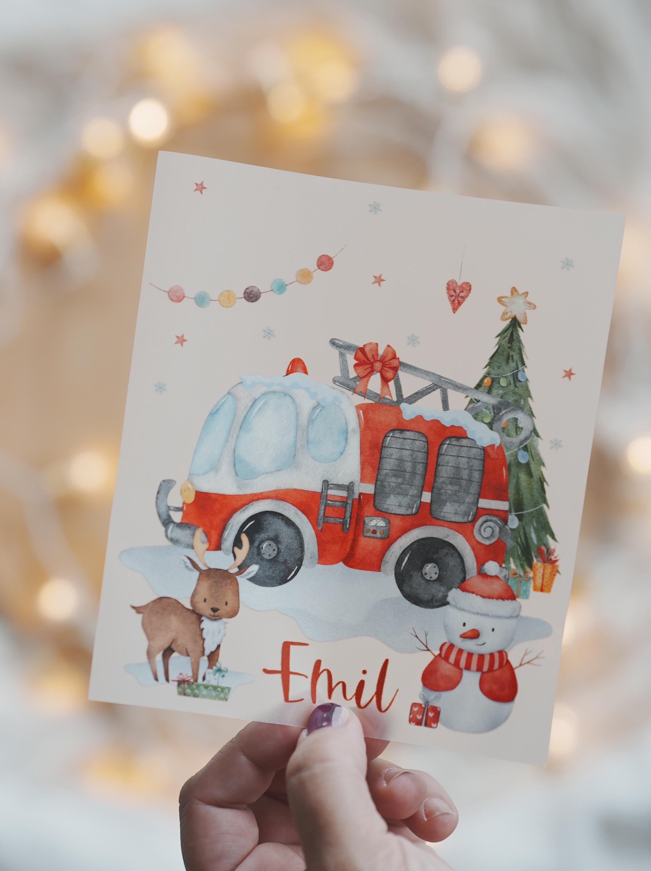 Bügelbild Weihnachten Feuerwehr - personalisiert mit Name – Feuerwehrauto Motiv für Shirt & Pullover – Weihnachts Bügelmotiv – Patches