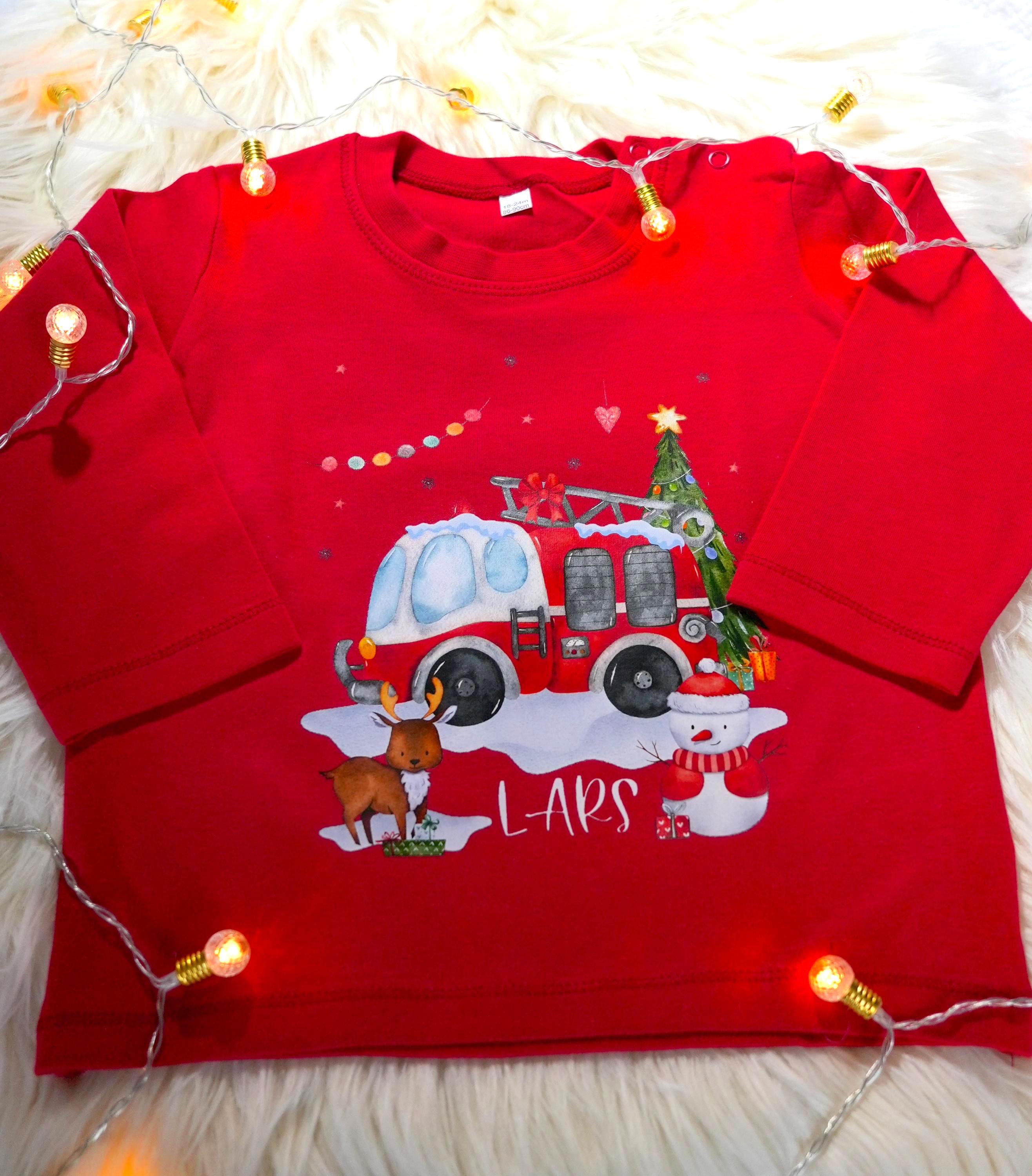 Bügelbild Weihnachten Feuerwehr - personalisiert mit Name – Feuerwehrauto Motiv für Shirt & Pullover – Weihnachts Bügelmotiv – Patches