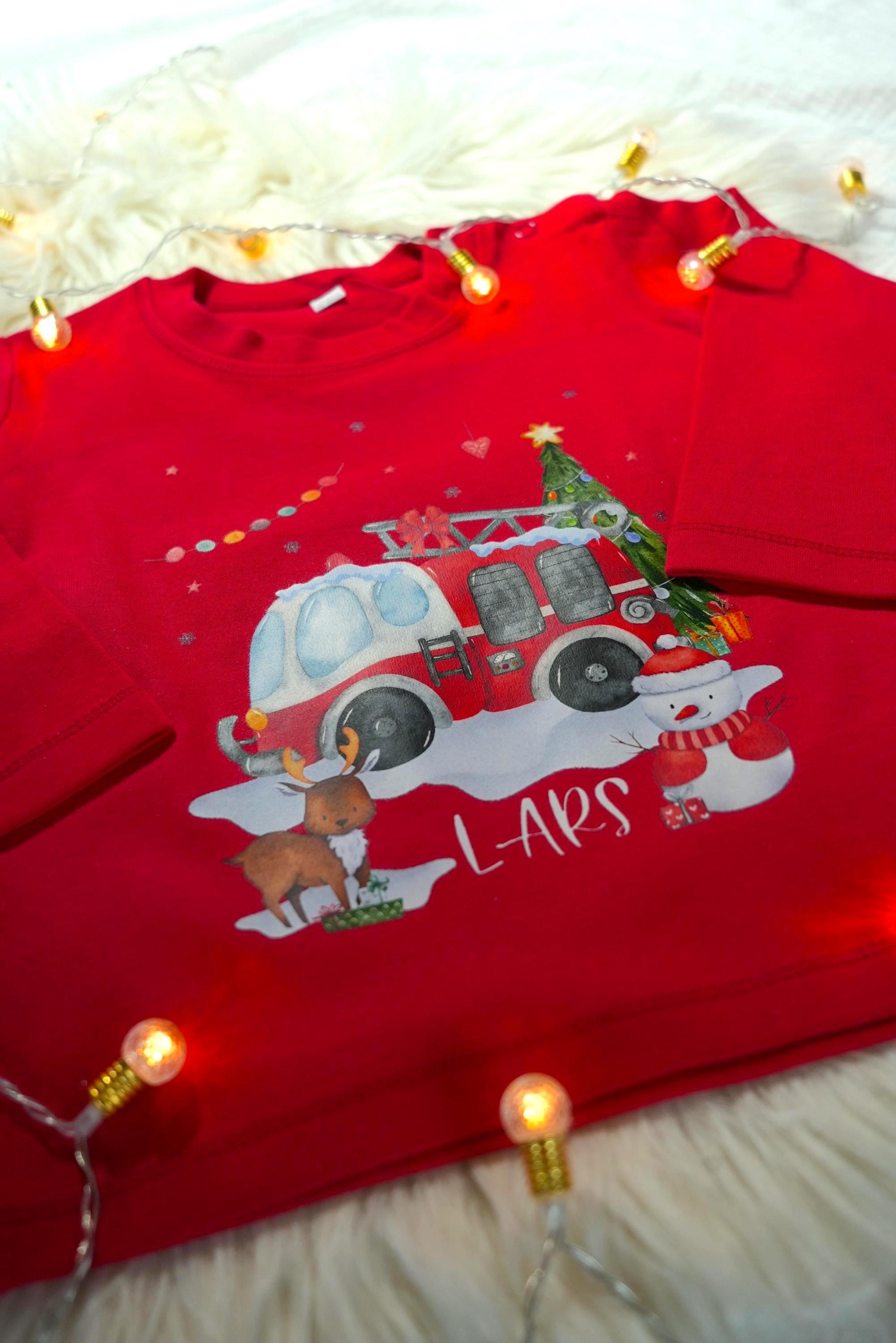 Bügelbild Weihnachten Feuerwehr - personalisiert mit Name – Feuerwehrauto Motiv für Shirt & Pullover – Weihnachts Bügelmotiv – Patches