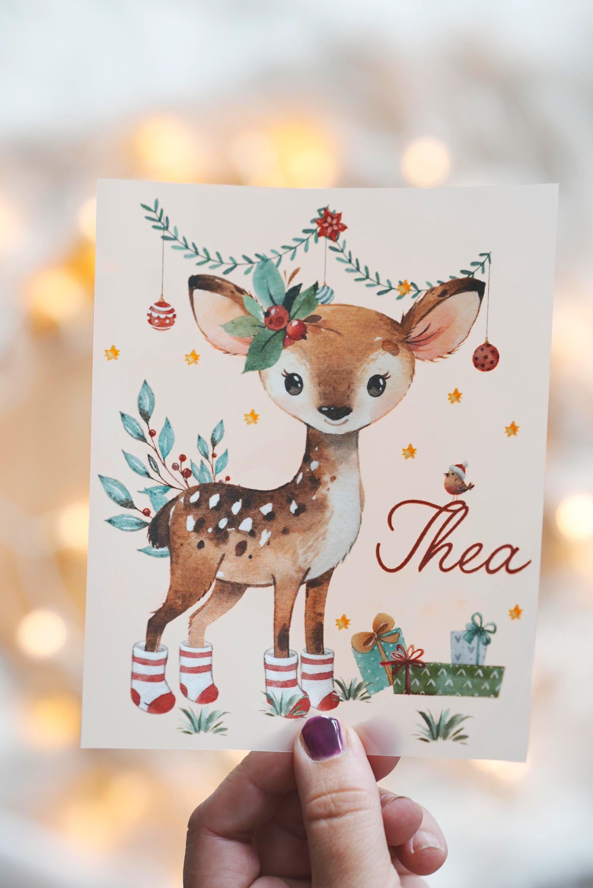 Bügelbild Weihnachten Reh – personalisiert mit Name - Waldtiere Motiv für Shirt & Pullover – Bügelmotiv A4 oder A5 – Patches