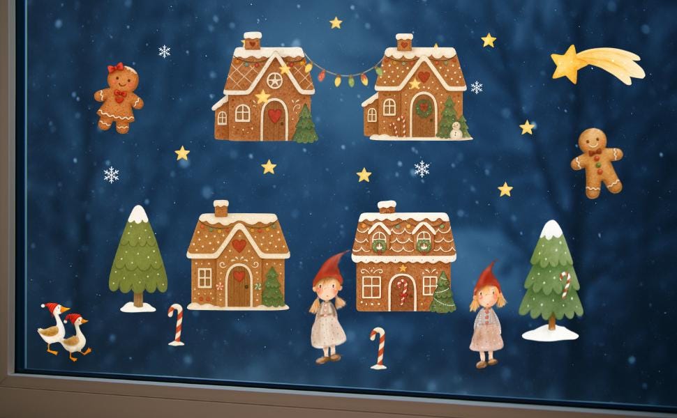 Fensterbild Weihnachten Lebkuchenhaus - Wichtel & Zuckerstangen – wiederverwendbare Fensterdeko Winter und Advent – statisch haftend –