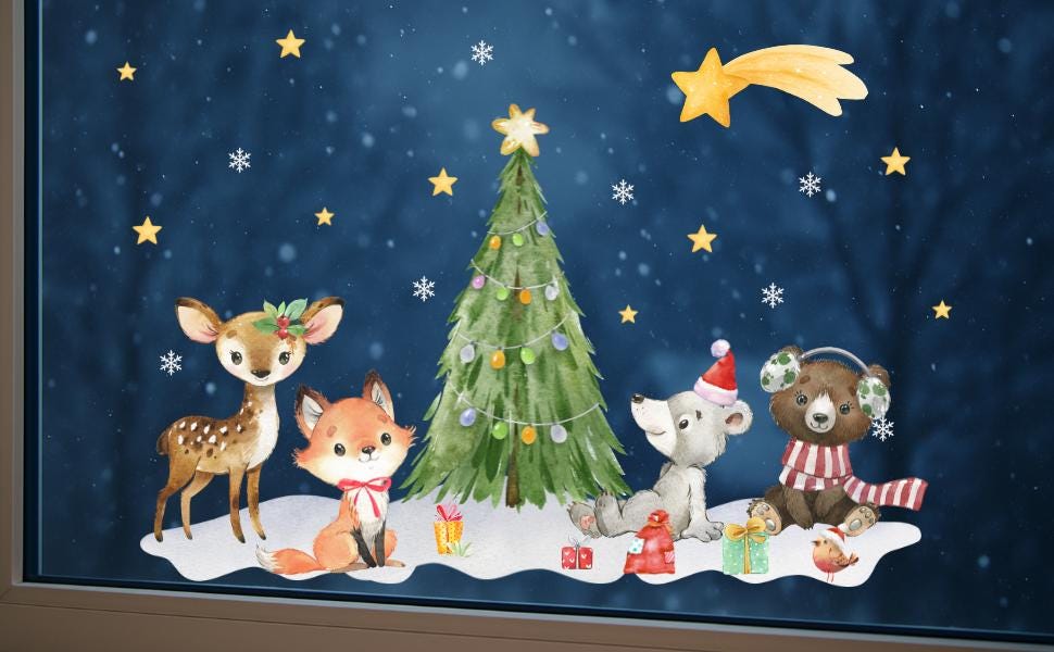 Fensterbild Weihnachten Waldtiere – Reh, Fuchs, Bär & Maus mit Weihnachtsbaum - statisch haftend und wiederverwendbar –