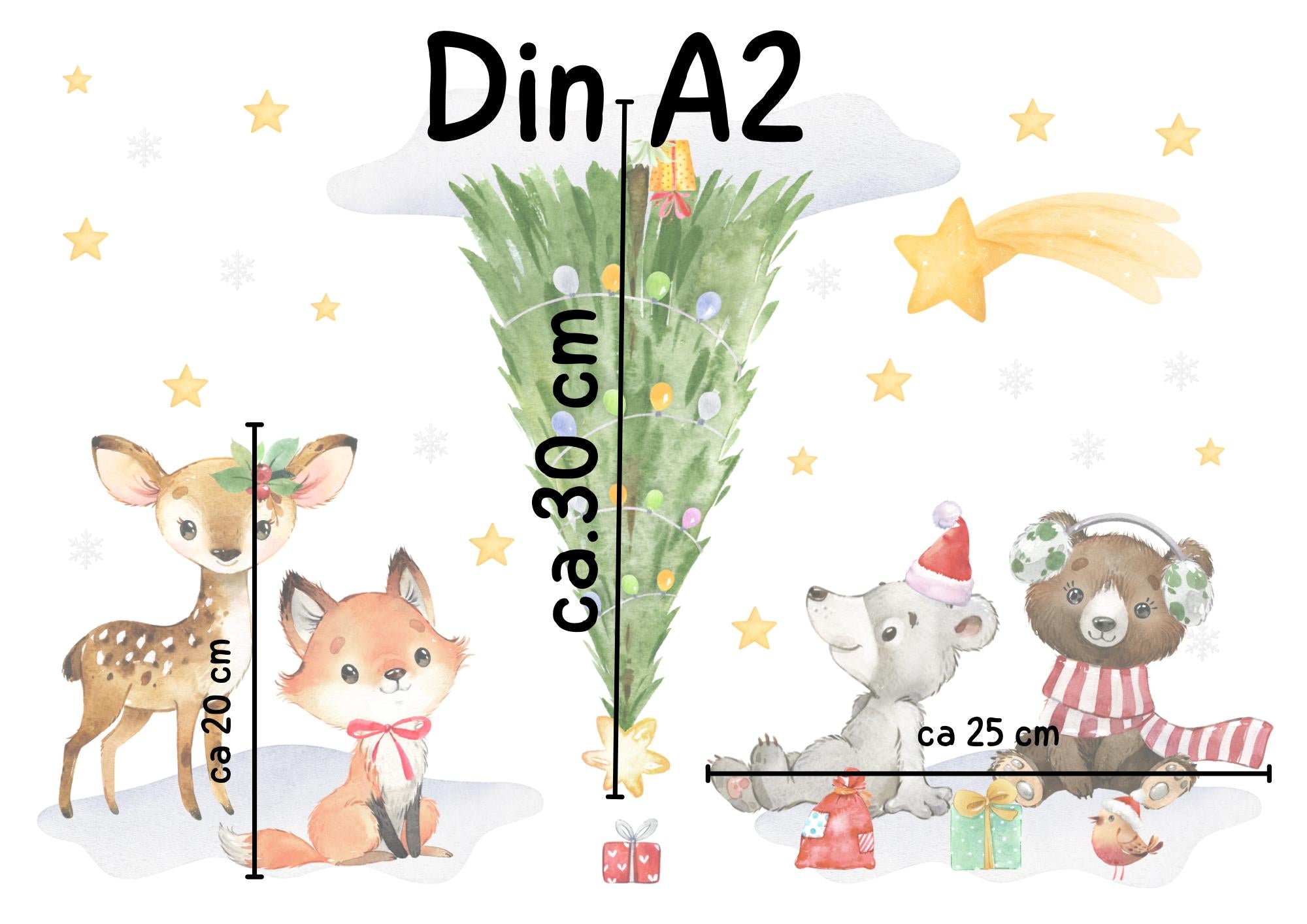 Fensterbild Weihnachten Waldtiere – Reh, Fuchs, Bär & Maus mit Weihnachtsbaum - statisch haftend und wiederverwendbar –
