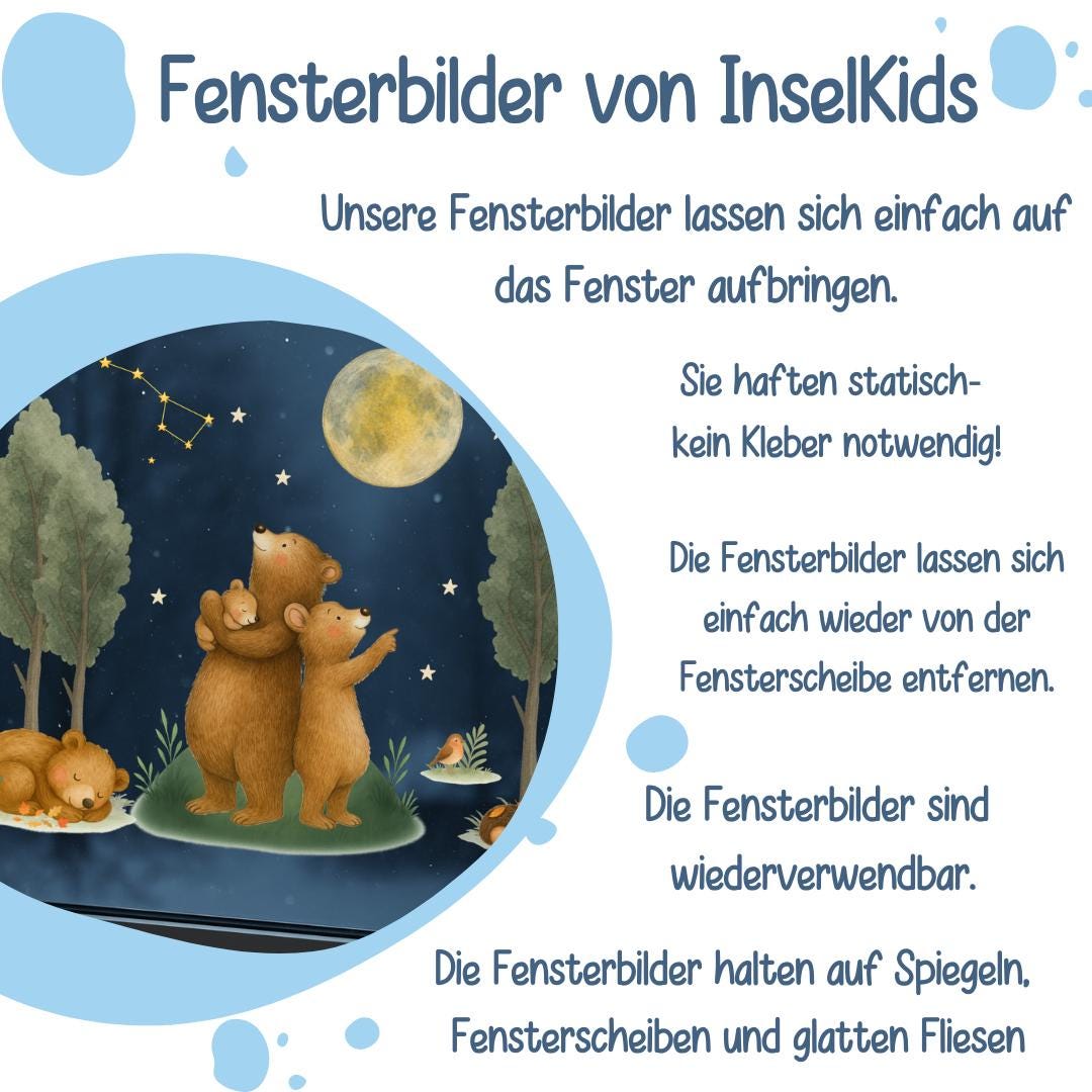 Herbstdeko Fenster – Fensterbild Bärenfamilie mit Mond & Sternen – Fensterdeko Waldtiere für Herbst und Winter –