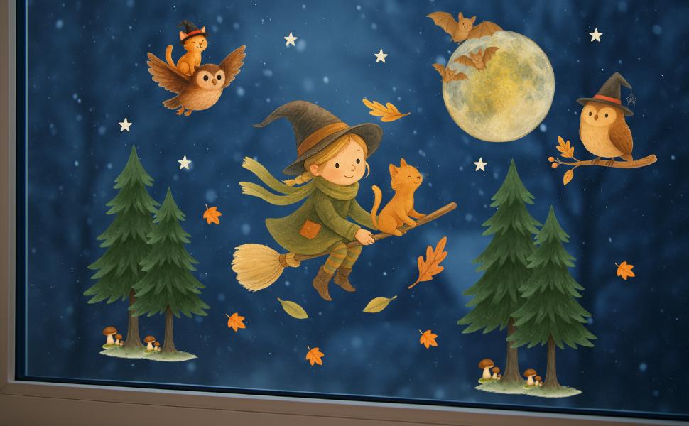 deko Fenster – Fensterbild Hexe mit Katze & Mond – Halloween Fensterdeko mit Eule und Fledermaus – Fenstersticker zimmer –