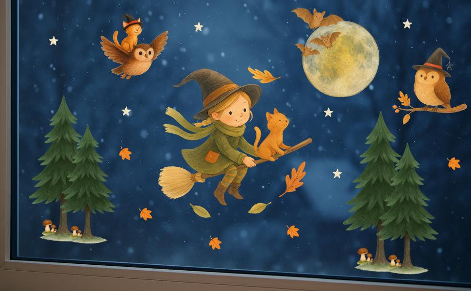 deko Fenster – Fensterbild Hexe mit Katze & Mond – Halloween Fensterdeko mit Eule und Fledermaus – Fenstersticker zimmer –